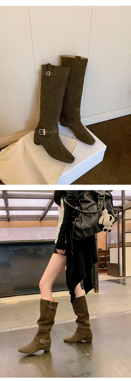 Karin Luna Data Model Belt Buckle Matte Square Toe Hidden Wedge Slouch Western Boots