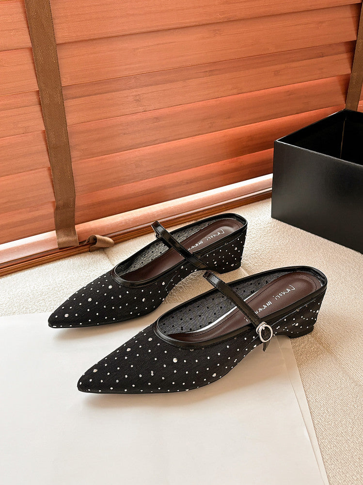 Karin Luna In Stock Spot Goods  Breathable Mesh Fabric Embellished Hand Drill Pointed Toe Slippers