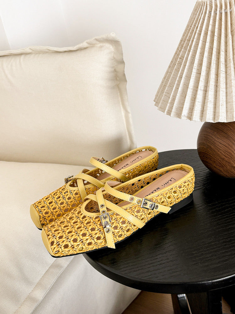 Karin Luna In Stock Spot Goods  Hot-Selling Square-Toe Woven Pig Nose Closed-Toe Slippers