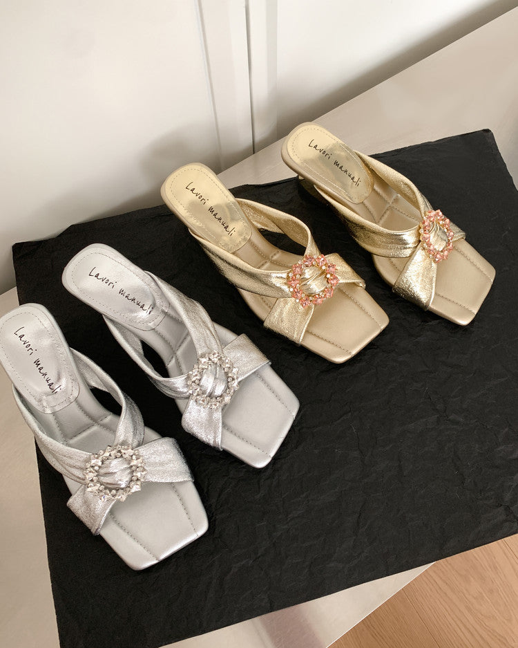 Karin Luna In Stock In Stock Elegant Square-Toe Cross-Strap Rhinestone Square-Toe Slippers