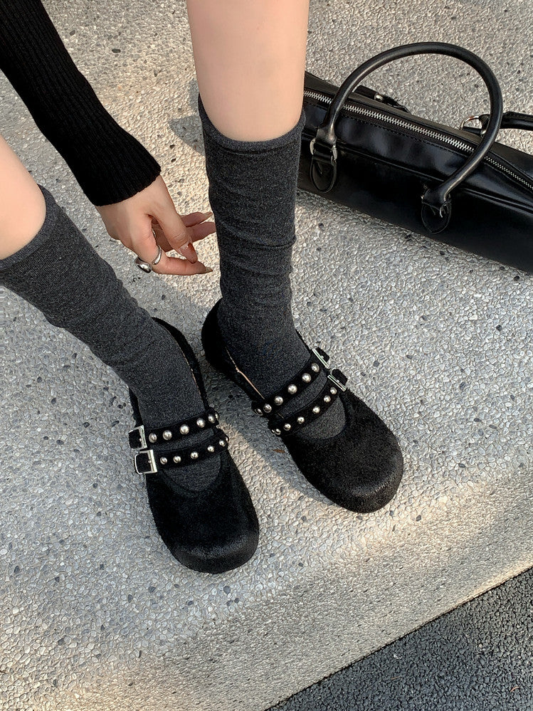 Karin Luna Hot Item Hot Item Punk Style One-Strap Round-Toe Suede Leather Height-Increasing Flats