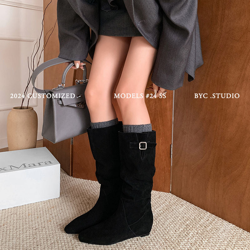 Karin Luna In Stock Spot Goods Vintage Cowhide Leather Chunky Heel Height Increasing Long Boots