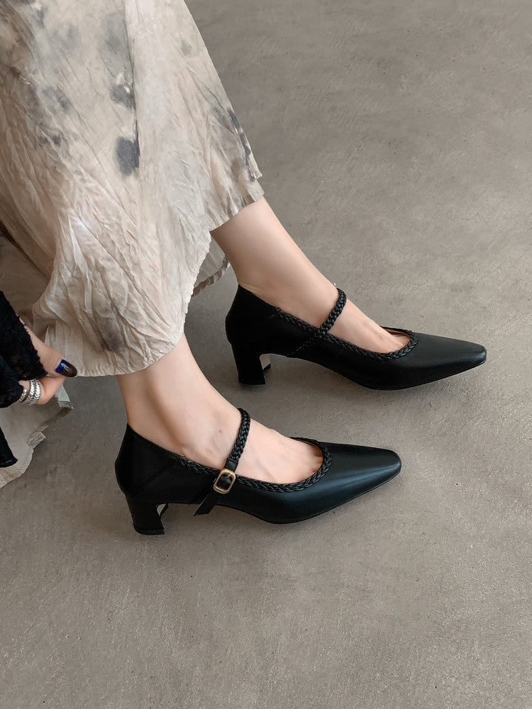 Karin Luna Braided Element Design Chunky Heel Square Toe Single Strap Shoes