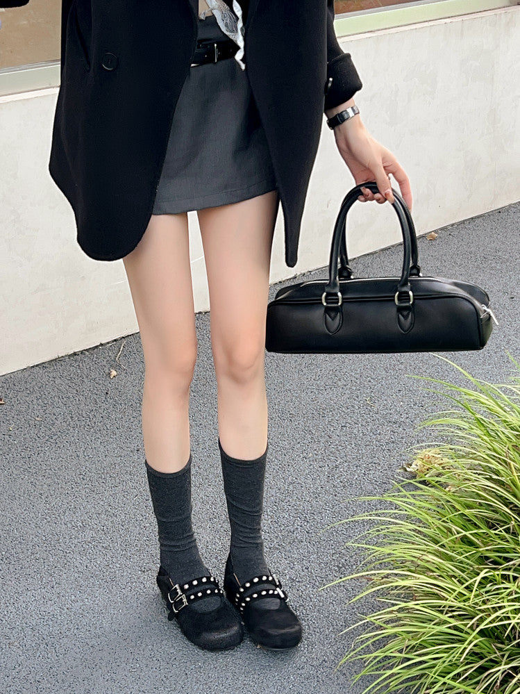 Karin Luna Hot Item Hot Item Punk Style One-Strap Round-Toe Suede Leather Height-Increasing Flats
