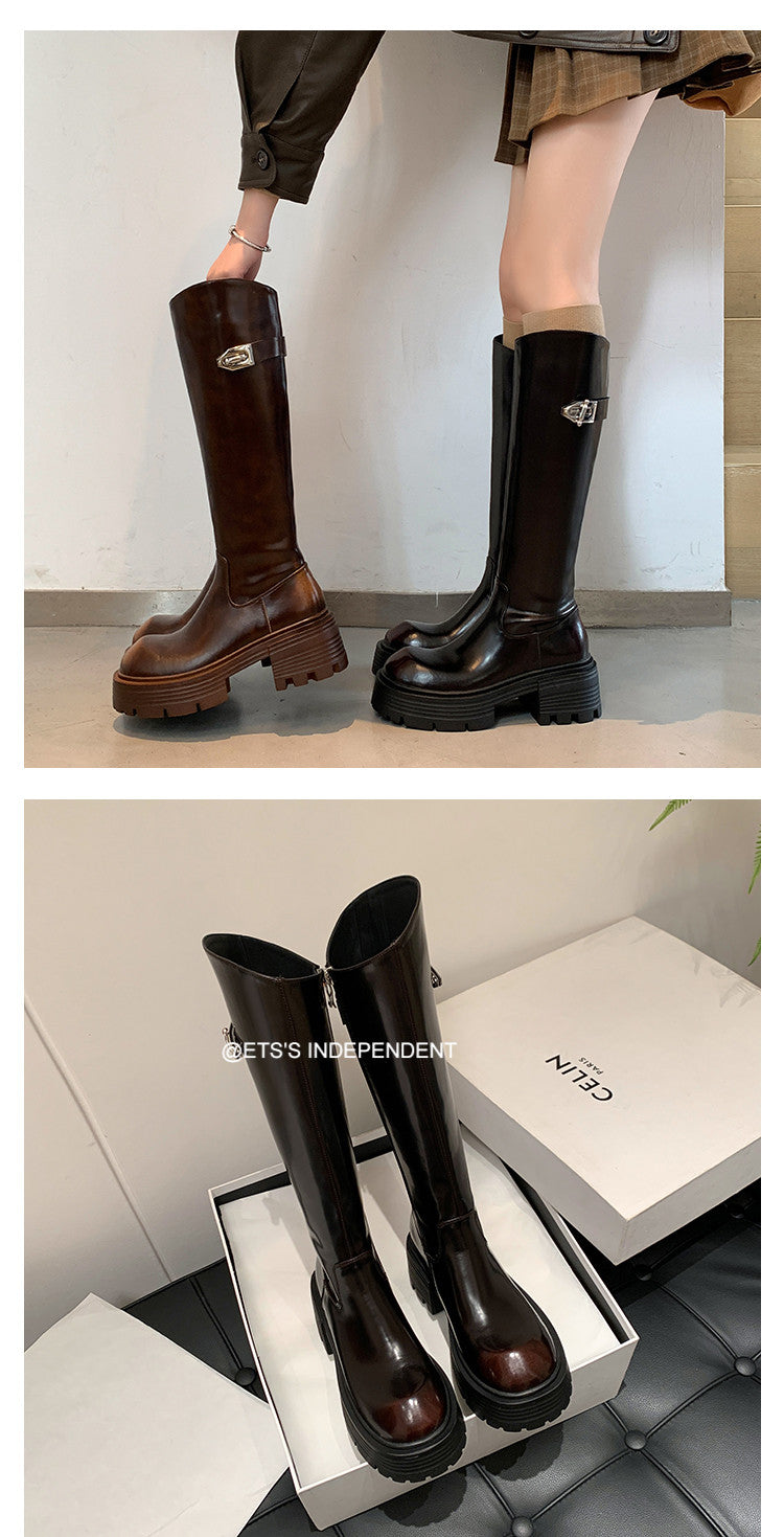 Karin Luna In Stock In Stock  Round Toe Thick Sole Belt Buckle Side Zipper Knight Boots