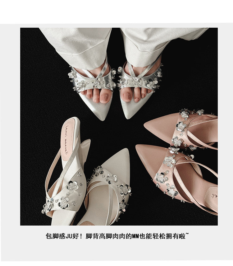 Karin Luna Bestseller Sequin Elements Elegant Pointed Toe Irregular Heel Slippers
