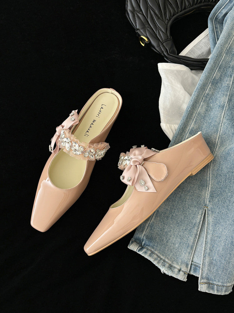 Karin Luna Handmade One-Strap Rhinestone Ribbon Square-Toe Mules