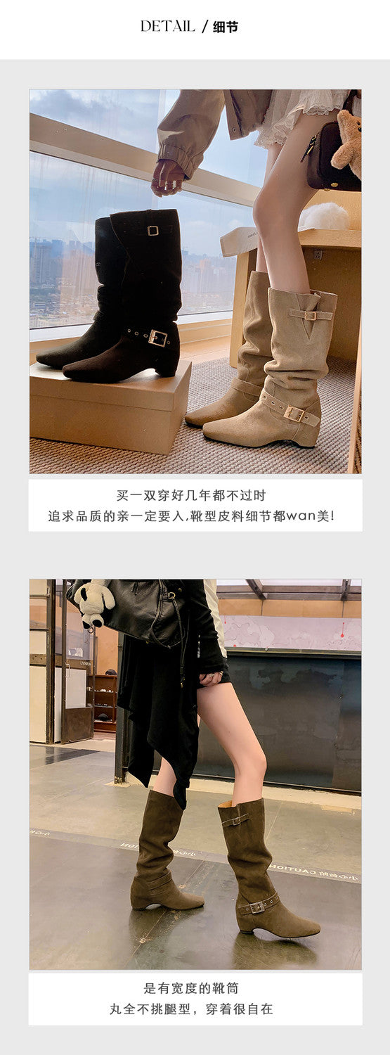 Karin Luna Data Model Belt Buckle Matte Square Toe Hidden Wedge Slouch Western Boots