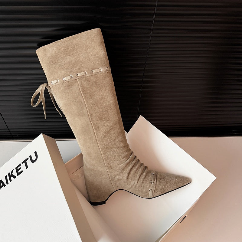 Karin Luna Elegant Style  Pointed Toe Pleated Hidden Wedge Western Boots