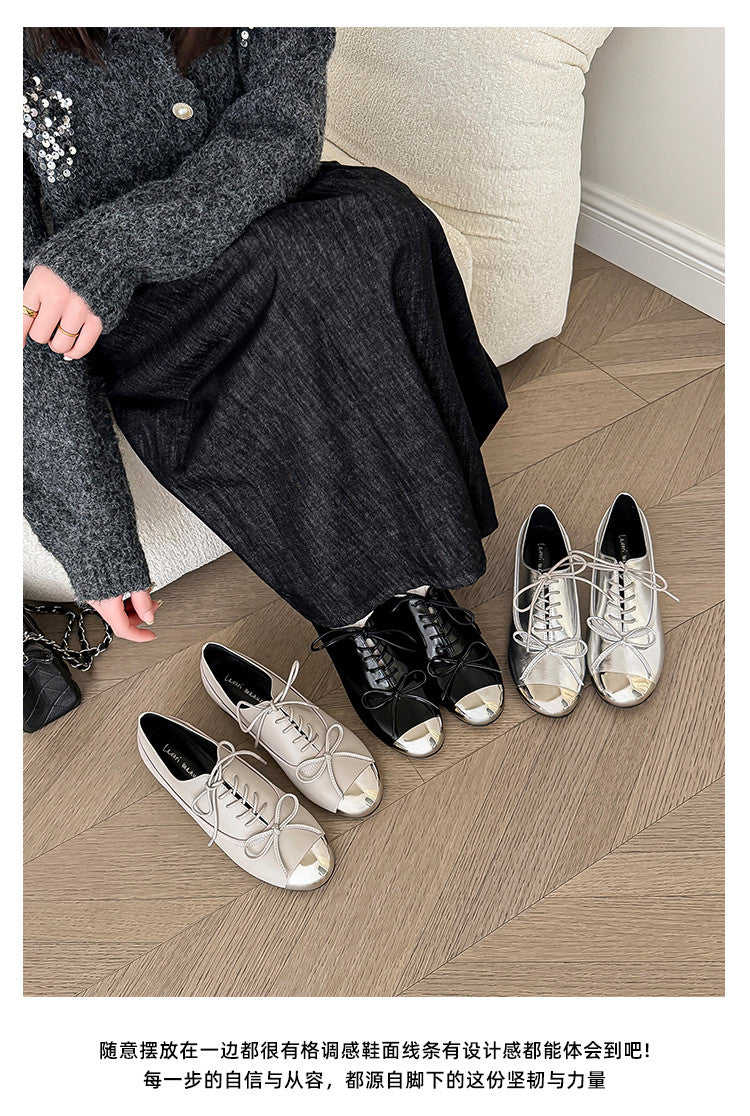 Karin Luna In Stock Spot Goods  Casual Lace-Up Metal Toe Bow Deep Mouth Single Shoes