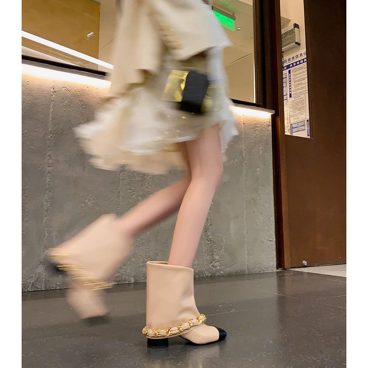 Karin Luna Classic Style Fragrant Family Style Chunky Heel Chain Ankle Boots