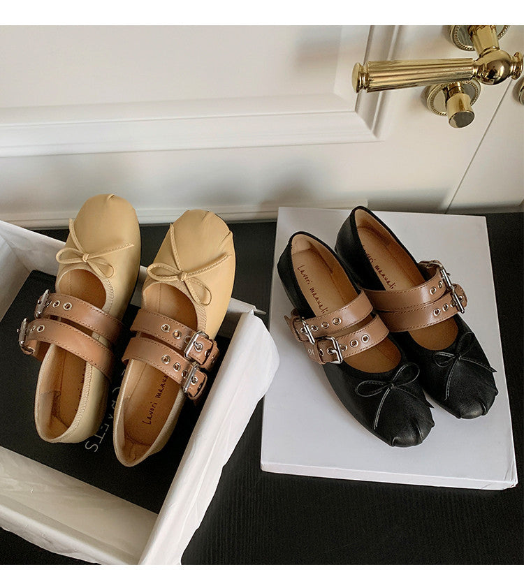 Karin Luna In Stock Spot Goods Minimalist Retro Round Toe Mary Jane Bowknot Height-Increasing Flats