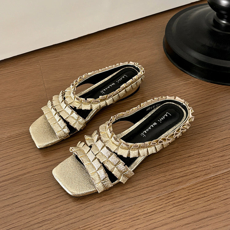Karin Luna In Stock   Spot Goods  Niche Design Square-Toed Pleated Flat Slippers
