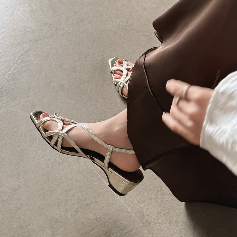 Karin Luna French Hollow Style Small Square Toe Chunky Heel Sandals