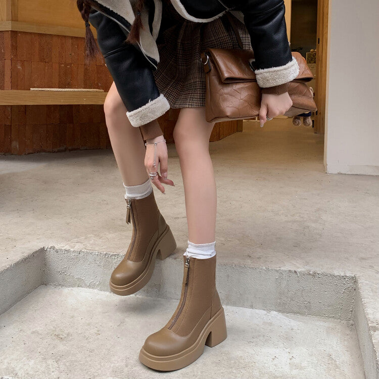Karin Luna Basic Bestseller Timeless Thick Fur Lined Round Toe Thick Sole Cowhide Snow Boots