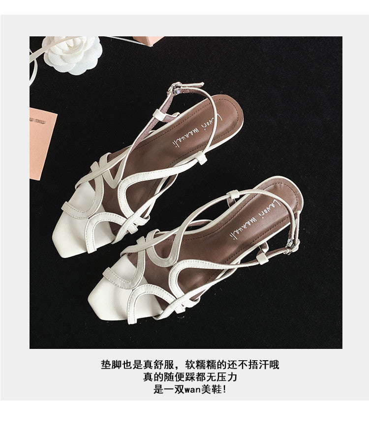 Karin Luna French Hollow Style Small Square Toe Chunky Heel Sandals