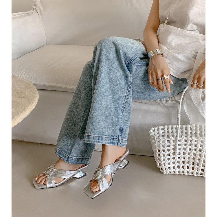 Karin Luna In Stock In Stock Elegant Square-Toe Cross-Strap Rhinestone Square-Toe Slippers