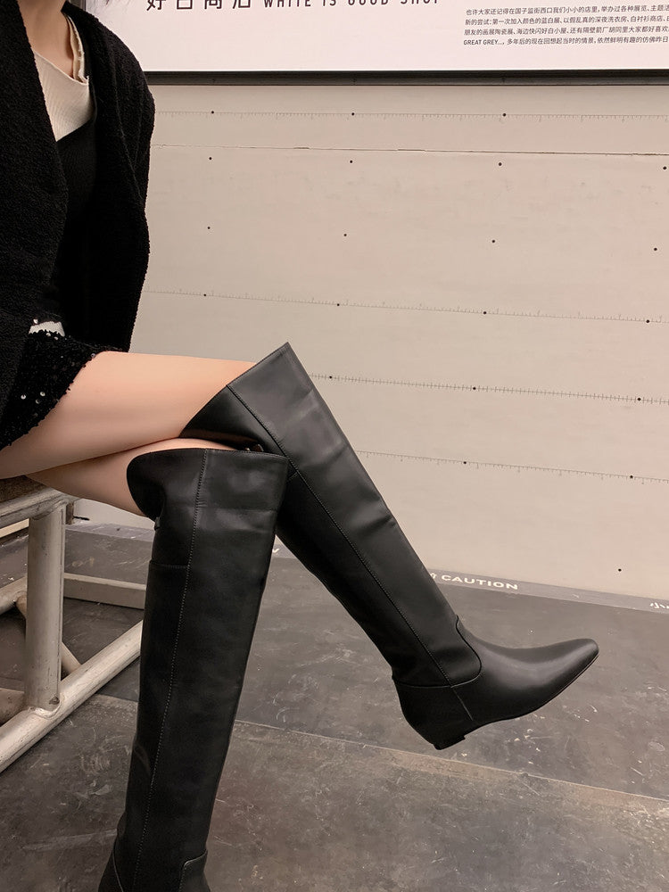 Karin Luna In Stock Spot Goods Vintage Cowhide Leather Two-Way Wear Pointed Toe Height-Increasing Long Boots