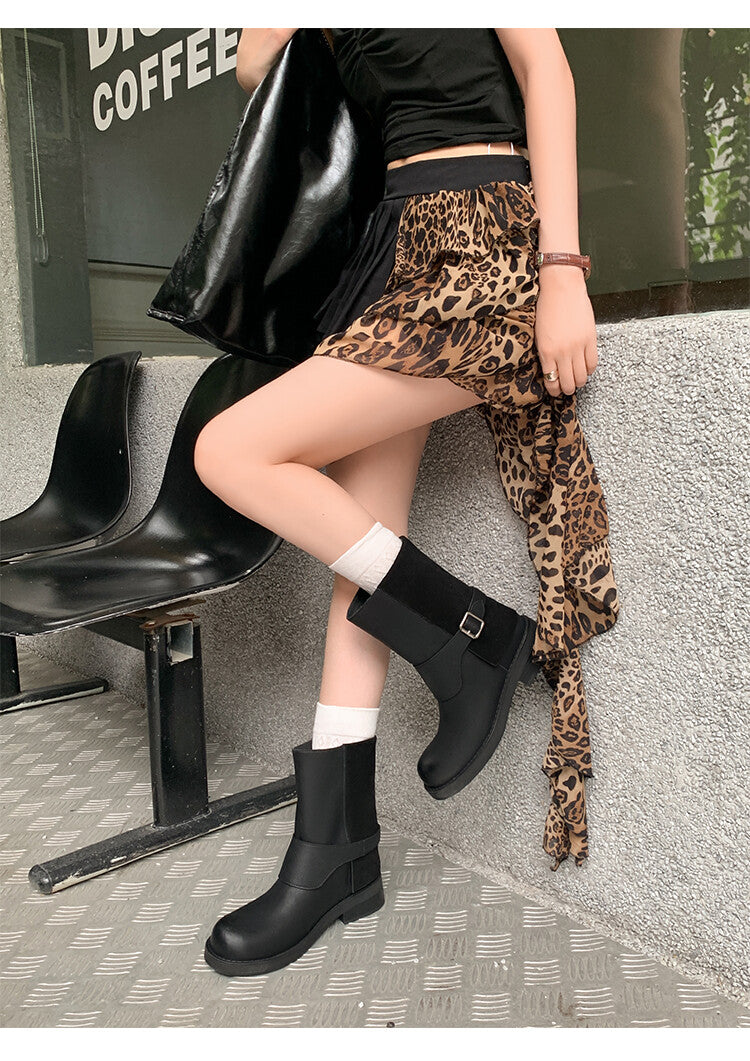 Karin Luna Belt Buckle Chunky Heel Fashion Short Boots