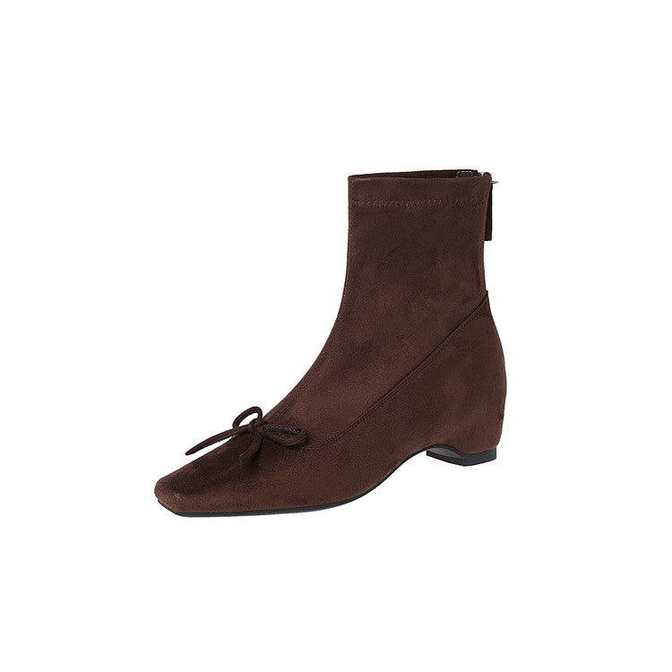 Karin Luna French Style Square Toe Bowknot Hidden Wedge Slim Boots