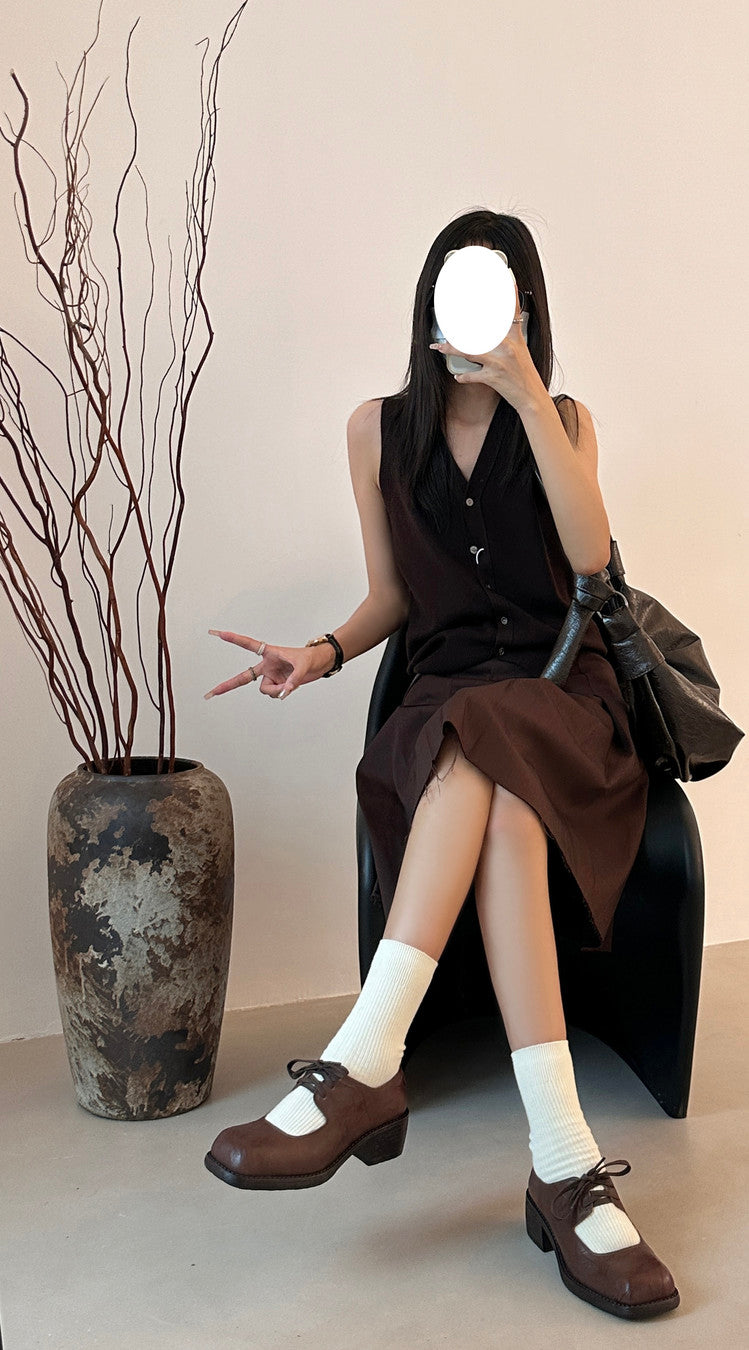 Karin Luna In Stock Spot Goods   Full leather inside and out Vegetable Tanned Hand-Grabbed Sheepskin Square-Toed Chunky Heel Single Shoes
