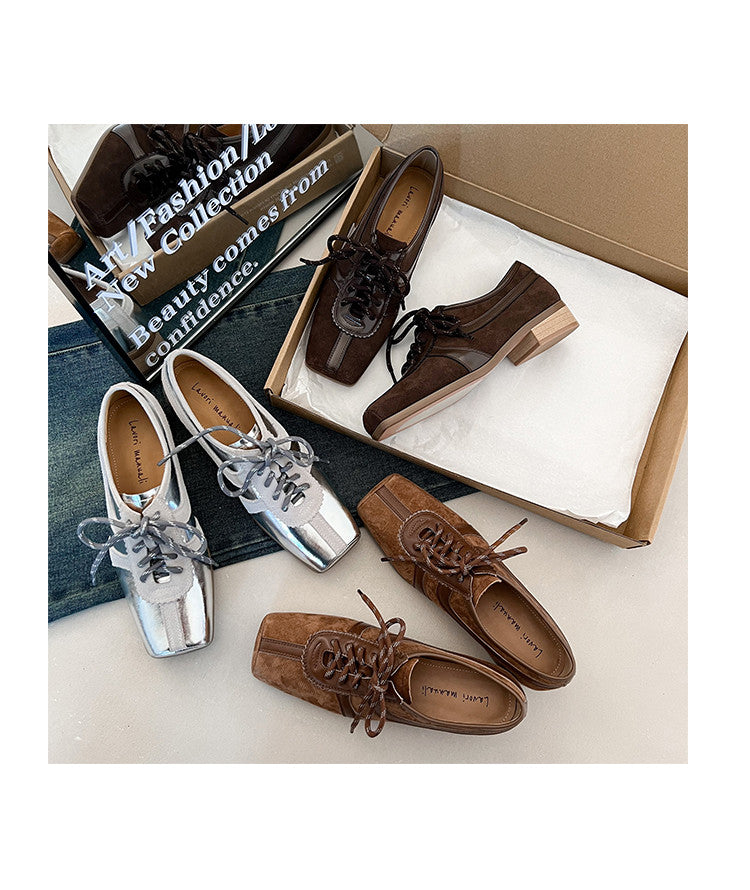 Karin Luna In Stock Spot Goods   Pig Nose Thin Strap Square Toe Patchwork Single Shoes