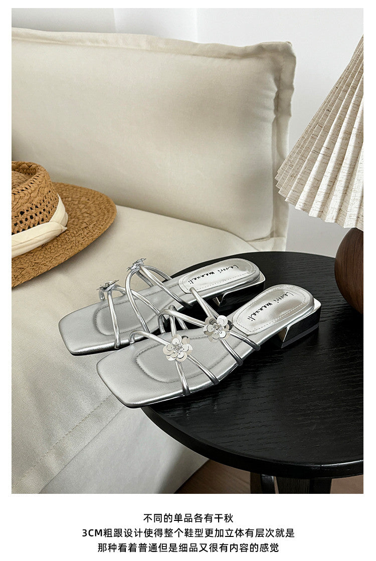 Karin Luna In Stock    Spot Goods    Square Toe One-Strap Sequin Flower Flat Slippers