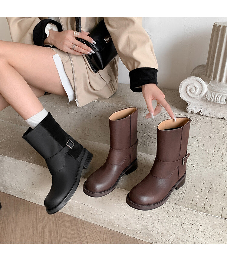Karin Luna Belt Buckle Chunky Heel Fashion Short Boots