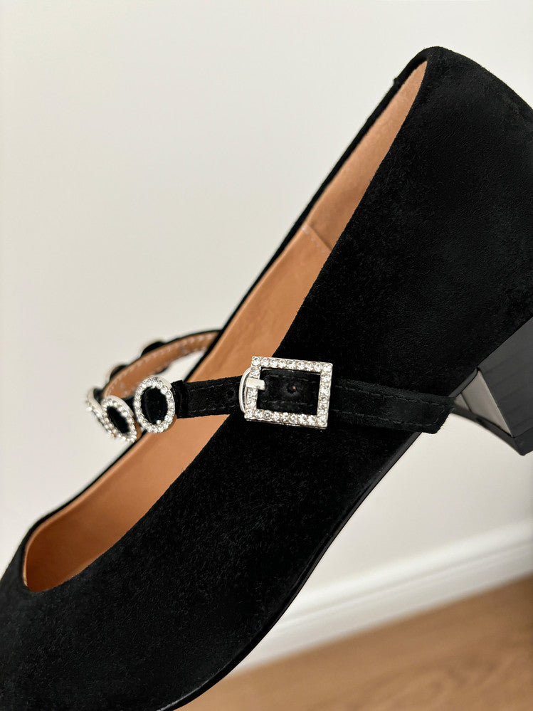 Karin Luna In Stock Spot Goods  Vintage Full Leather Square Toe Rhinestone Strap Shallow Mouth Single Shoes
