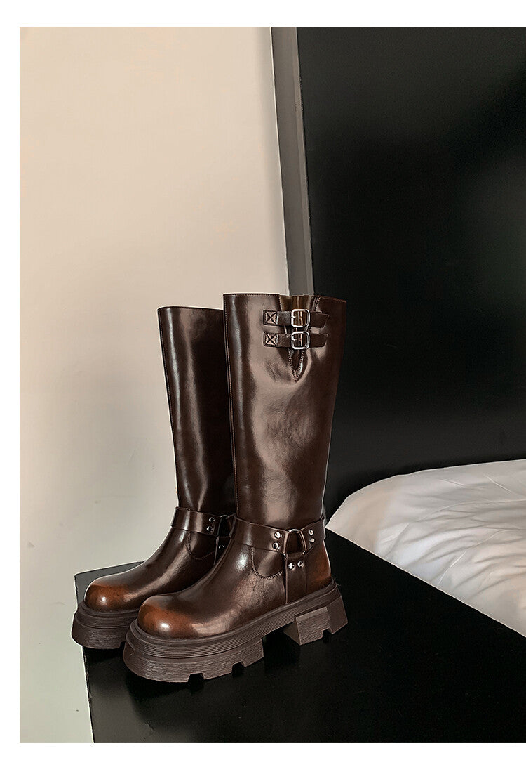 Karin Luna Full Cowhide  miumiu Popular Round Toe Thick Sole Beautiful and height-increasing