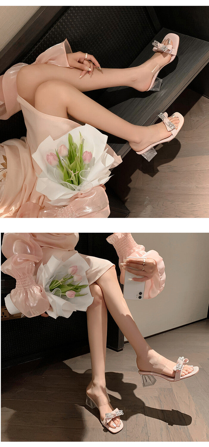 Karin Luna In Stock Summer New It's clearly a model with high traffic Rhinestone Flower Bow Crystal Heel Slippers