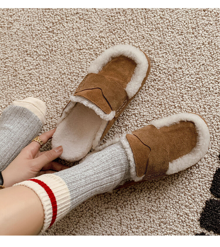 Karin Luna In Stock Look~This is such thick lamb wool Winter Atmosphere！Cowhide Leather Lamb Wool Round Toe Flat Sole Half Support！