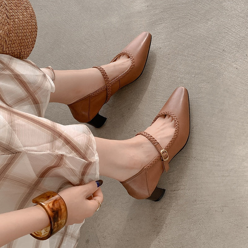 Karin Luna Braided Element Design Chunky Heel Square Toe Single Strap Shoes