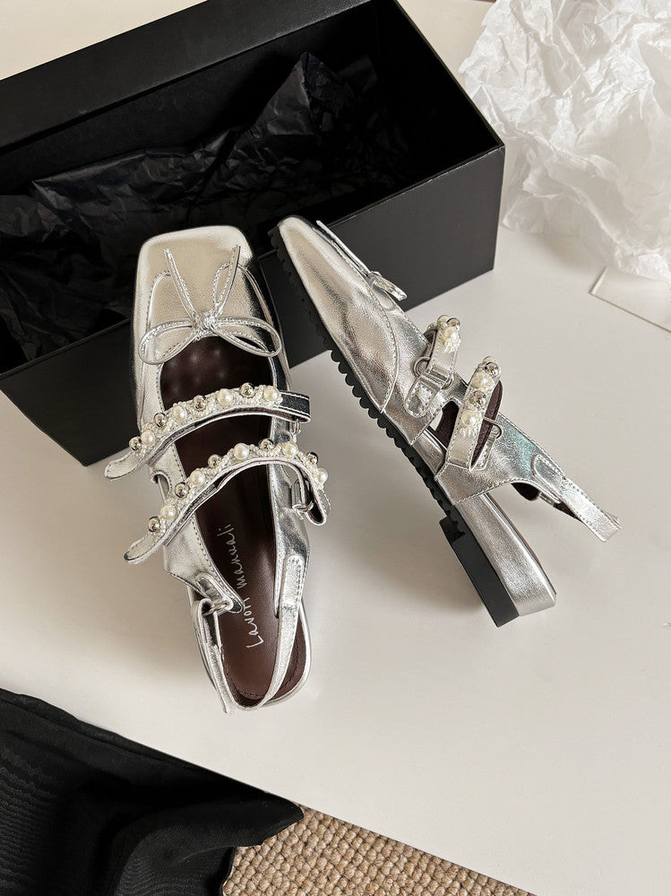 Karin Luna In Stock In Stock  Square Toe Bowknot Pearl Strap Closed-Toe Sandals