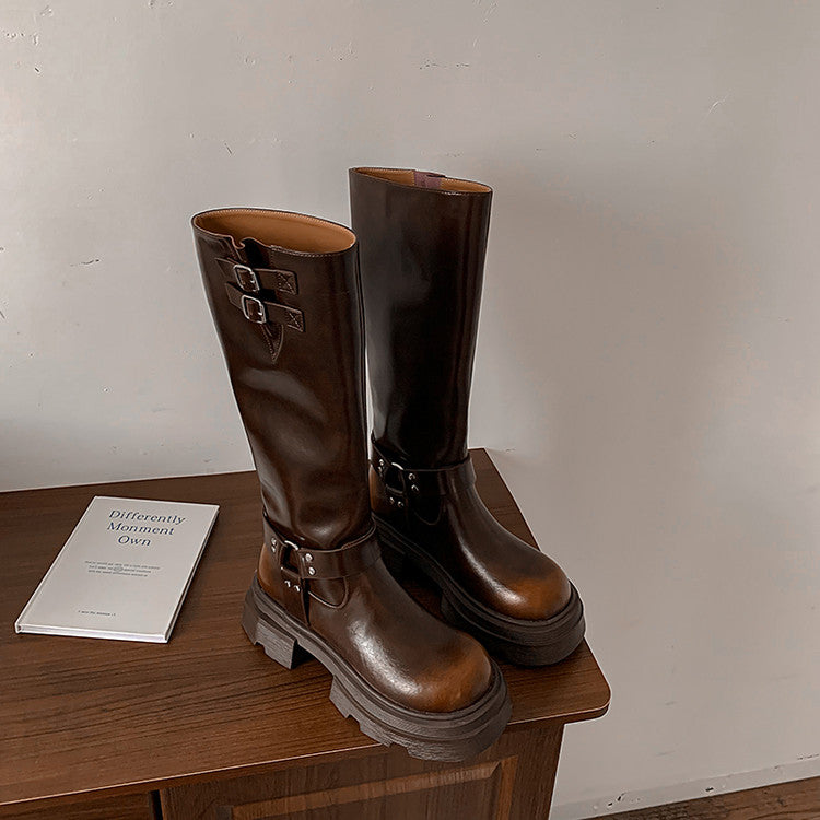Karin Luna In Stock In Stock  Classic Casual Style Belt Buckle Thick Sole Round Toe Knight Boots Thick Sole