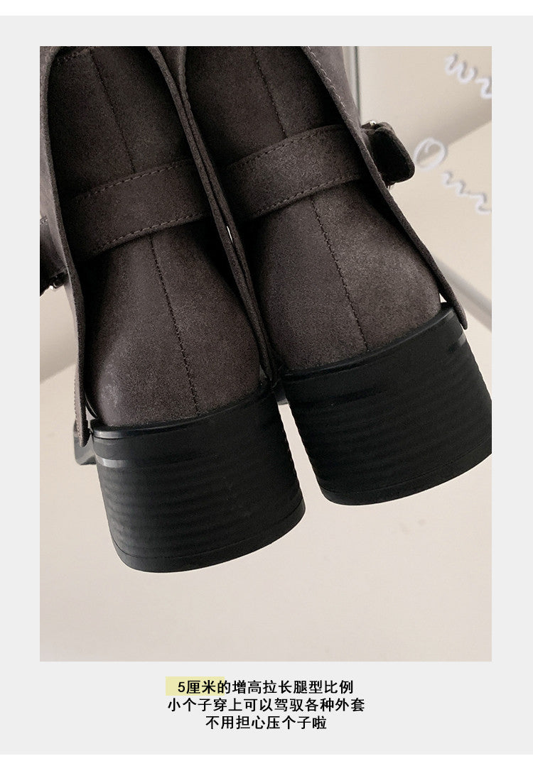 Karin Luna In Stock Spot Goods Versatile Basic Round Toe Belt Buckle Thick Sole Tube Boots