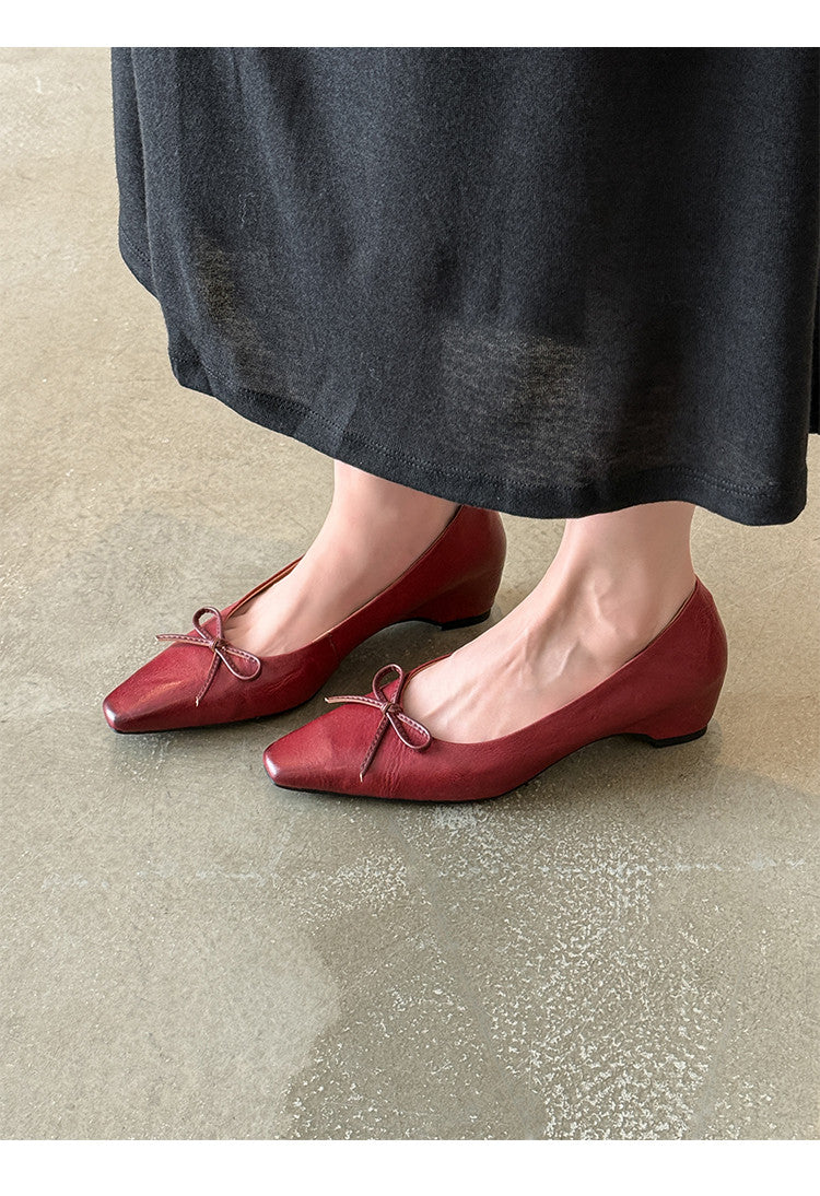 Karin Luna Full Layer Inside and Out~Basic Versatile Small Square Toe Butterfly Knot Irregular Heel Single Shoes
