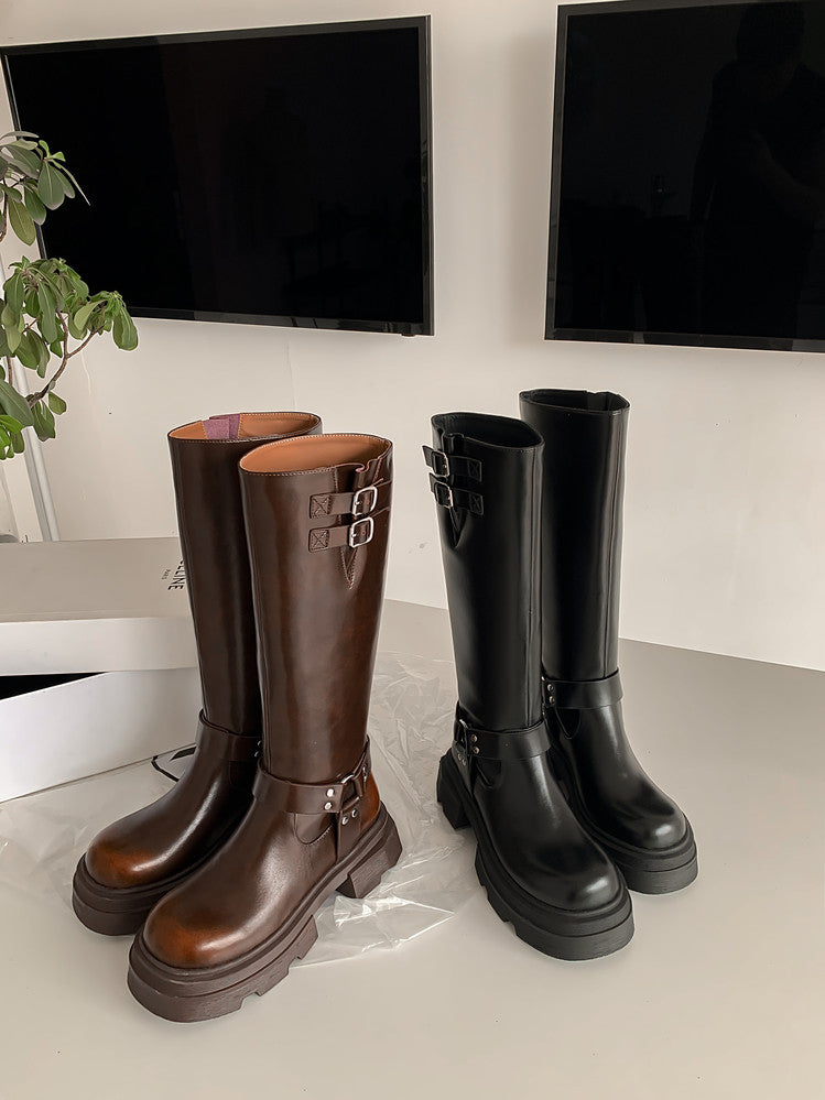 Karin Luna In Stock In Stock  Classic Casual Style Belt Buckle Thick Sole Round Toe Knight Boots Thick Sole