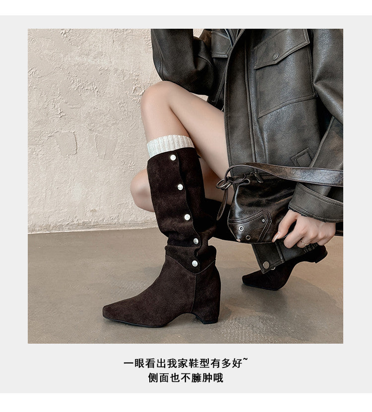 Karin Luna Bestseller Hot-Selling Hidden Buckle Lazy Style Square-Toe Height-Increasing Suede Western Boots