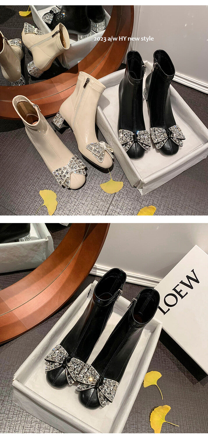 Karin Luna In Stock   Rhinestone Bow Thick Heel Slim Boots