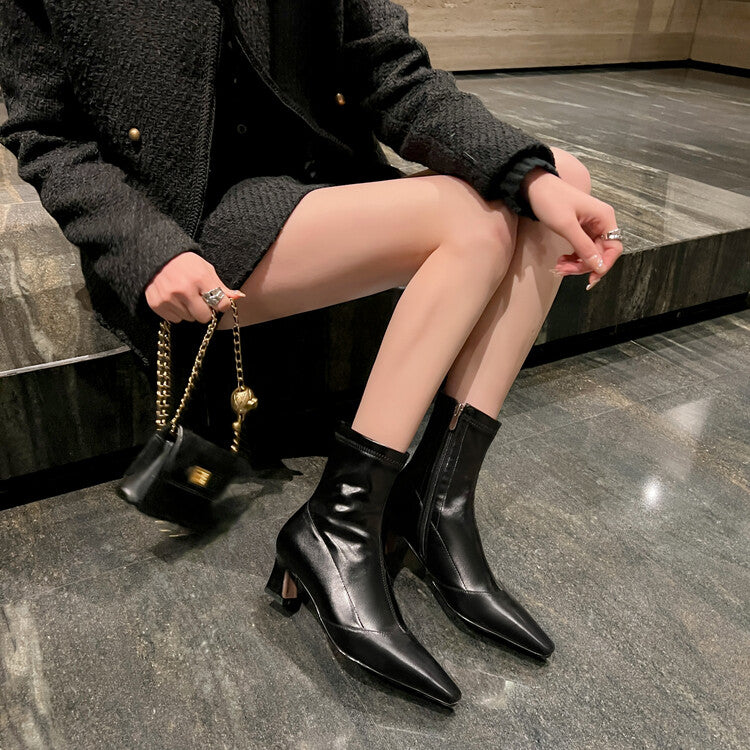 Karin Luna Elegant Small Square Toe Chunky Heel Slim Boots