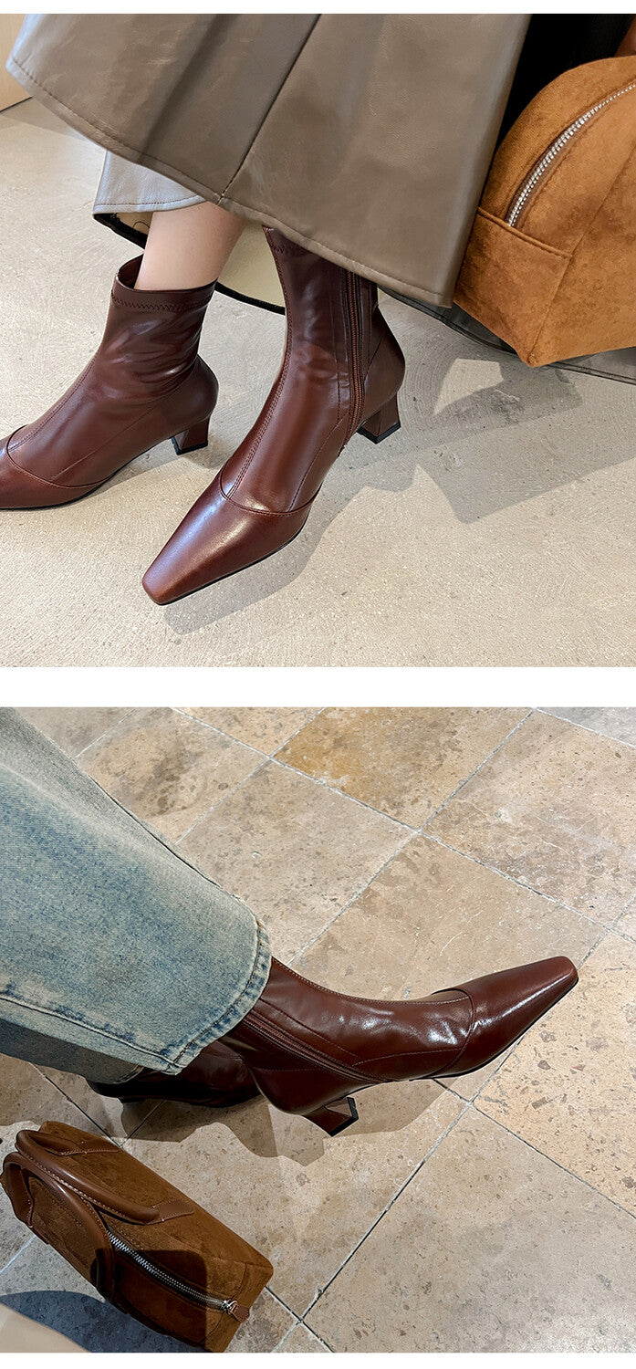 Karin Luna Elegant Small Square Toe Chunky Heel Slim Boots