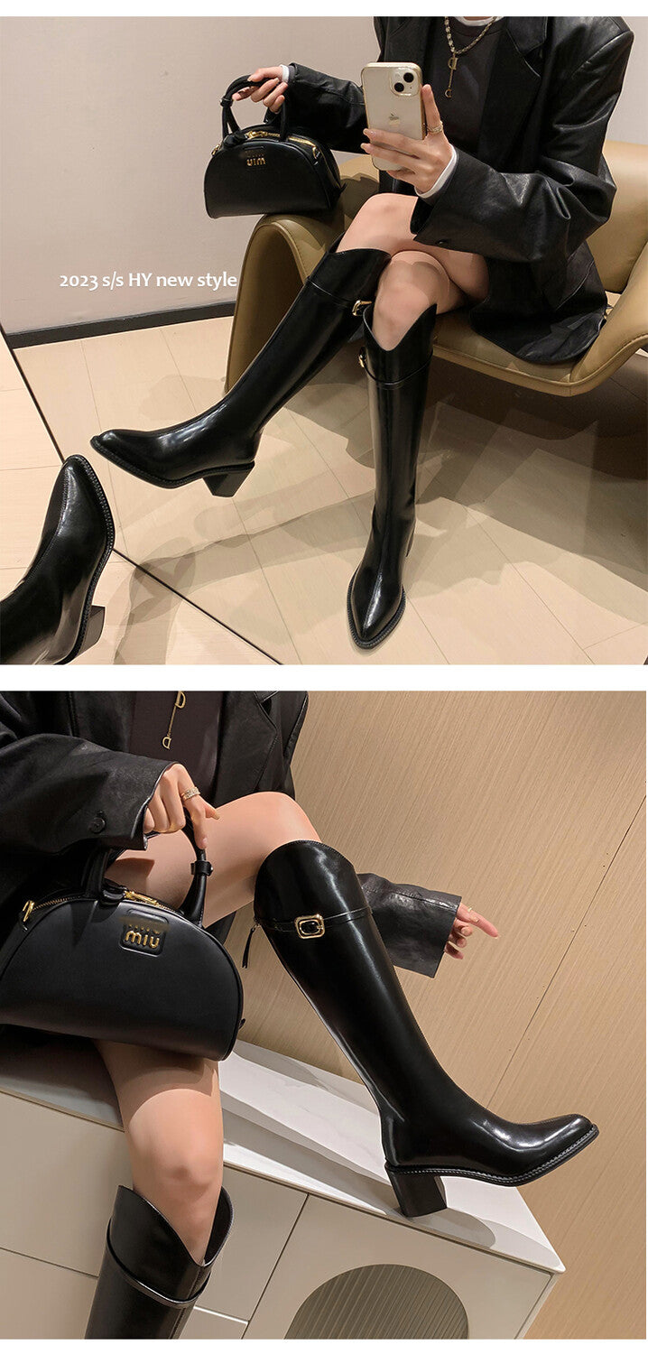 Karin Luna Bestseller  Popular Understood everything  Basic Elegant Outfit Pointed Toe Chunky Heel Full Cowhide I Am A Knight Boots