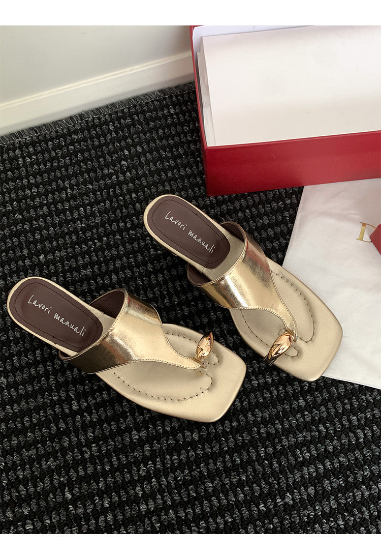 Karin Luna In Stock Spot Goods Clip-toe Square Toe Metal Buckle Minimalist Slippers