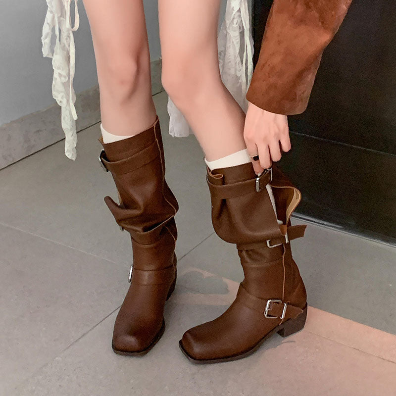 Karin Luna In Stock In Stock European and American Style Square Toe Thick Sole Belt Buckle Long Boots