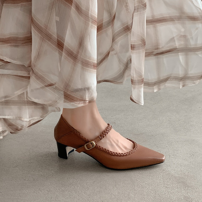 Karin Luna Braided Element Design Chunky Heel Square Toe Single Strap Shoes