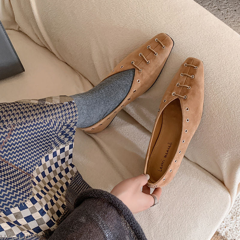 Karin Luna In Stock Spot Goods    Old Money Style Square Toe Suede Flats