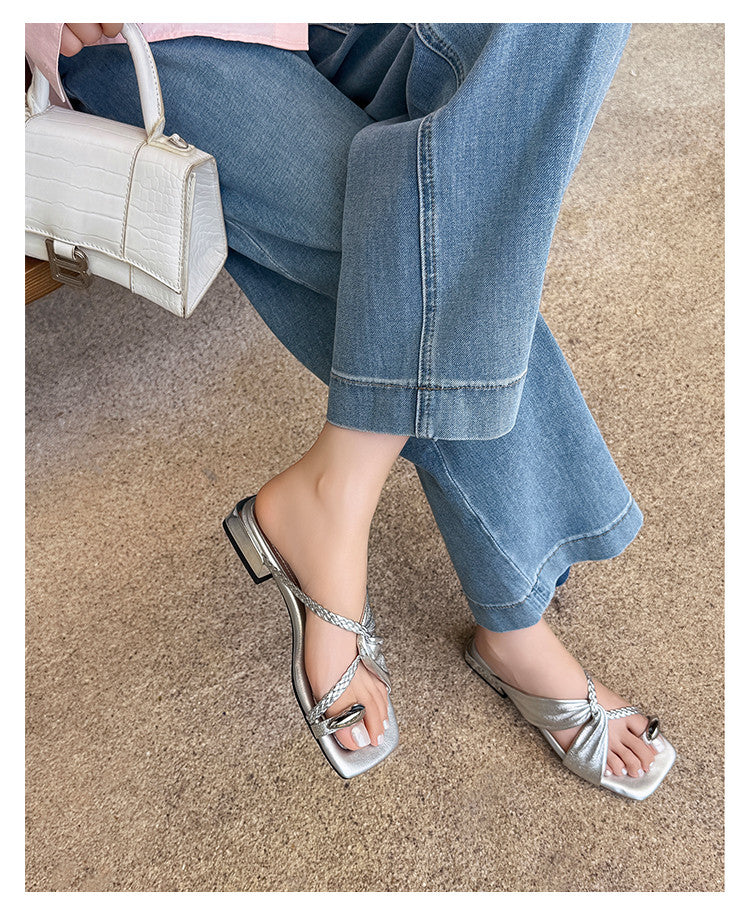 Karin Luna  Square Toe Braided Cross Thick Heel Flat Slippers