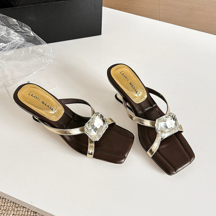 Karin Luna In Stock Spot Goods Rhinestone Square Toe Irregular Heel Slippers