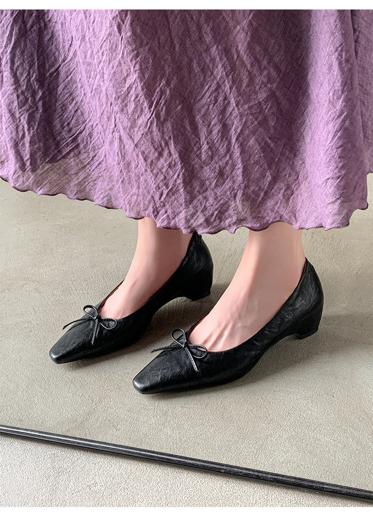 Karin Luna Full Layer Inside and Out~Basic Versatile Small Square Toe Butterfly Knot Irregular Heel Single Shoes